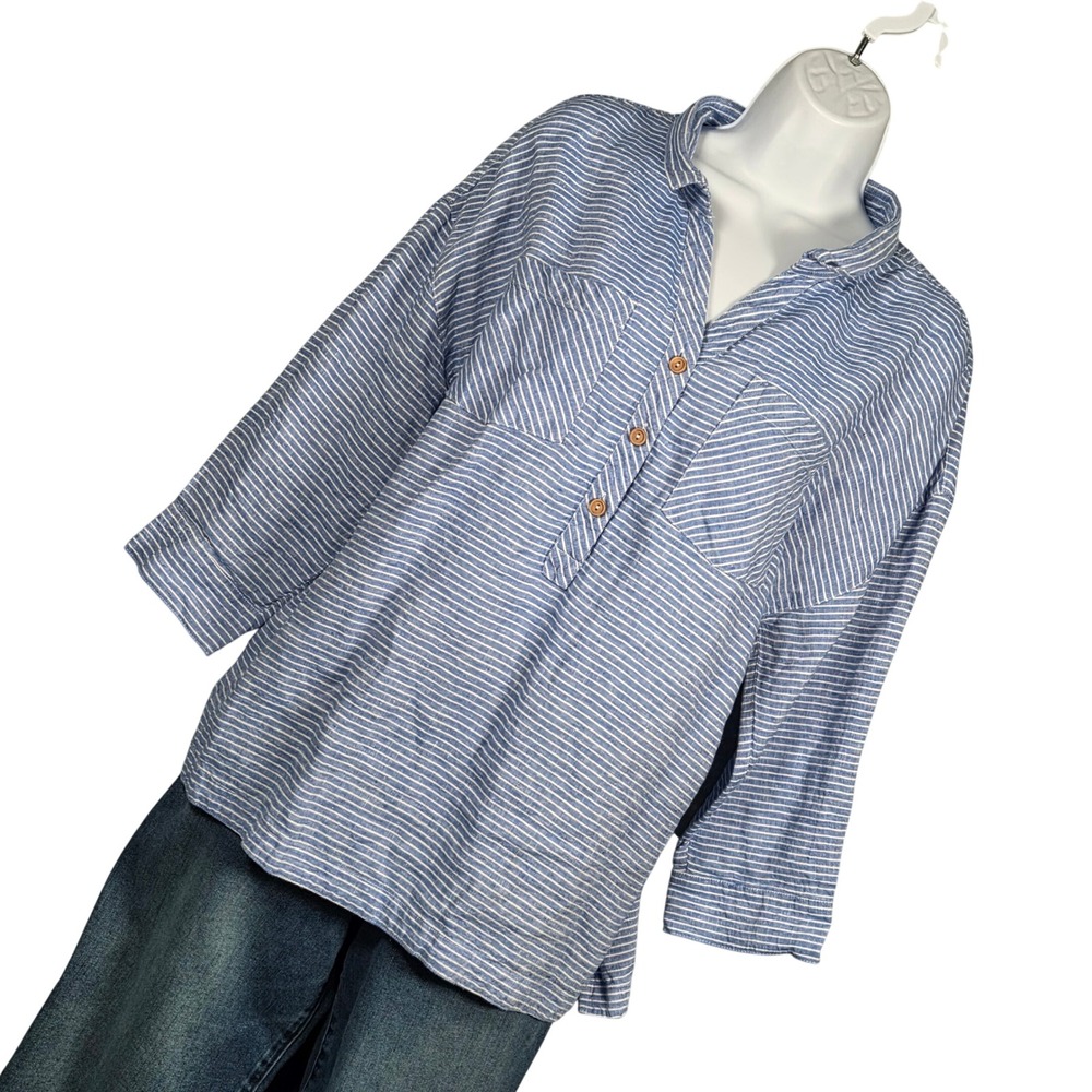 John Mark Womens L Tunic Top Blue White Striped Linen 3/4 Sleeve Button Back